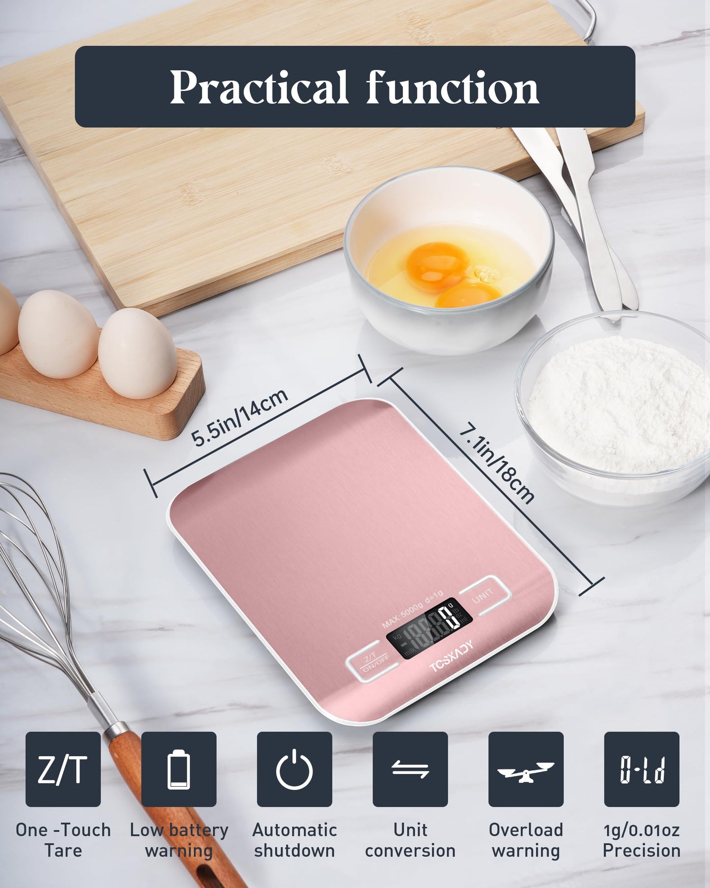 Tcsxady Food Scale, 11lb Digital Kitchen Scale with 6 Units LCD Display and Tare Function,Compact Design for Baking,Healthy Cooking,Meal Prep, 304 Stainless Steel