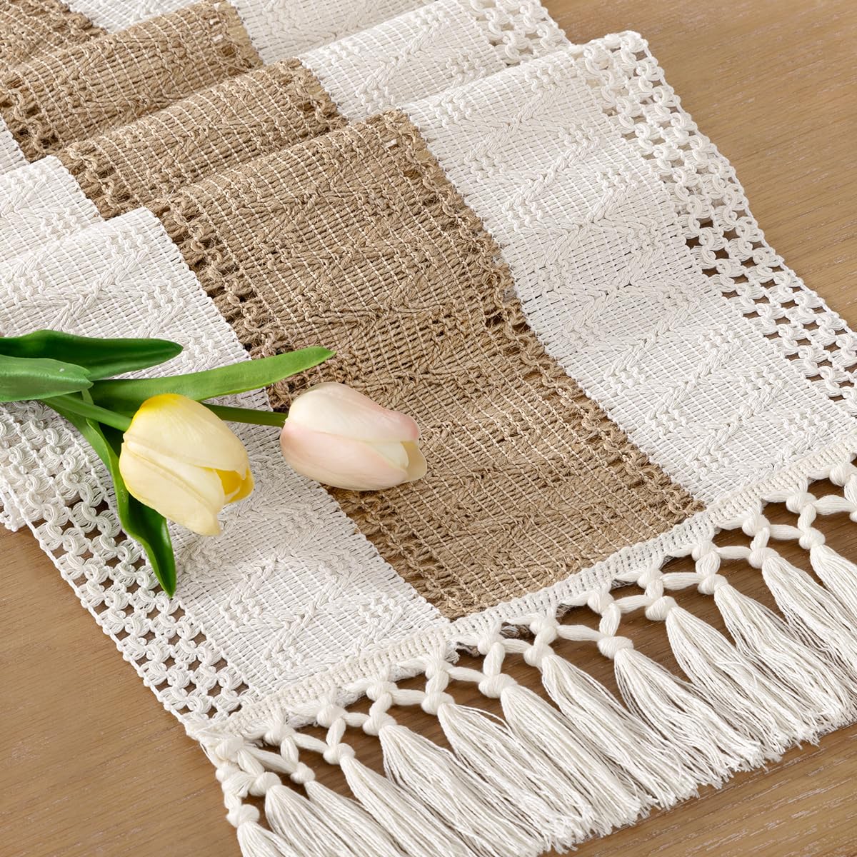 Socomi Boho Table Runner Summer Farmhouse Rustic Dining Kitchen Centerpiece Decor Small Macrame Woven Cotton Linen Coffee Table Runner for Dresser Scarf Home Decor 12x90 inch
