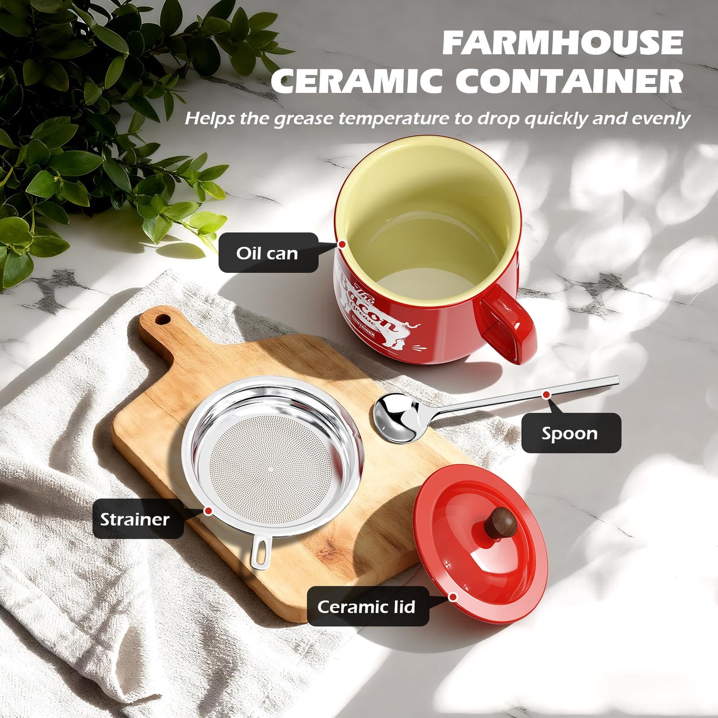 PGYARD Ceramic Bacon Grease Saver With Strainer - 23OZ Bacon Grease Container Farmhouse Keeper For Kitchen Fat Storage-Red