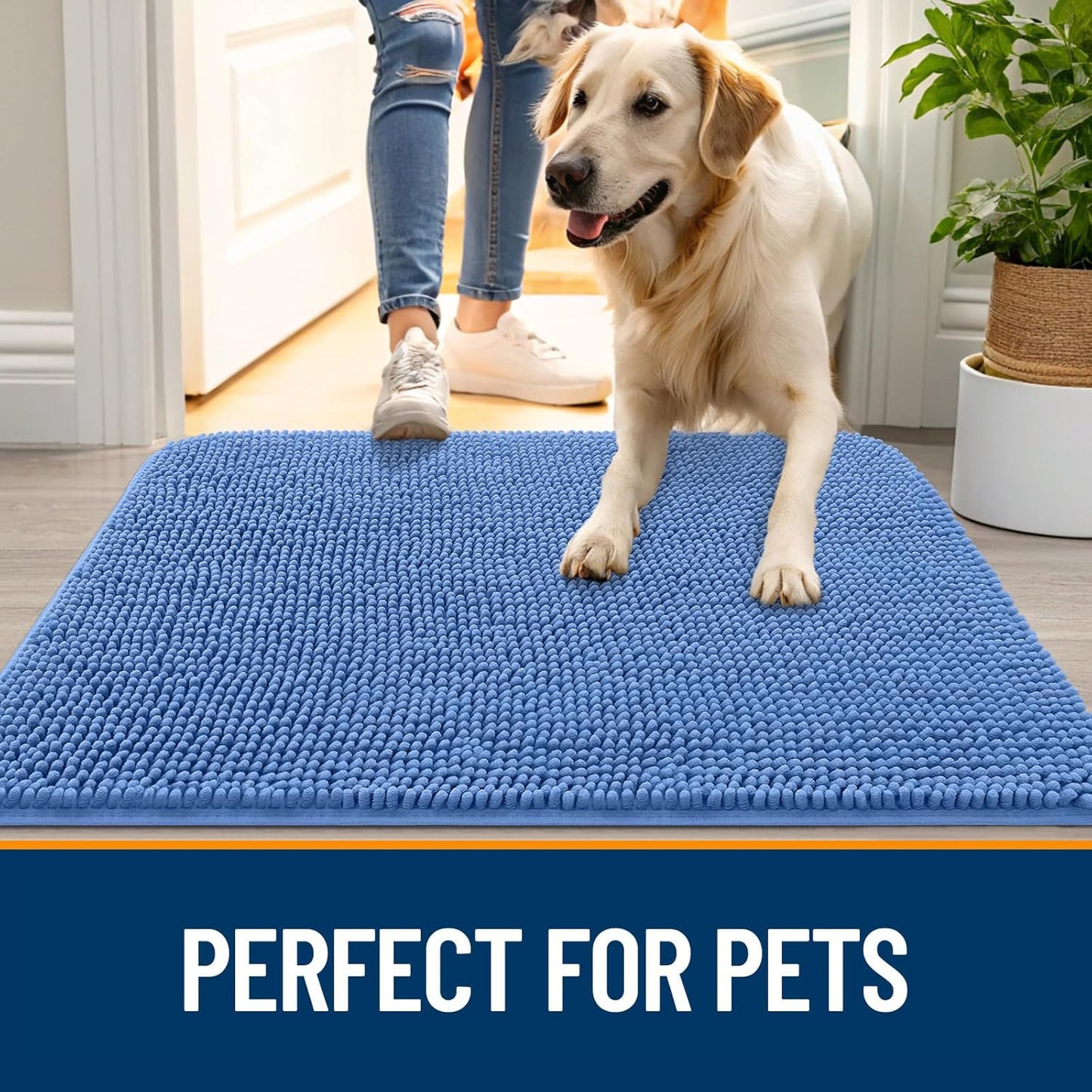 OLANLY Dog Door Mat - Absorbent Non-Slip Chenille Mat for Muddy Paws | 30x20, Quick Dry, Cornflower Blue