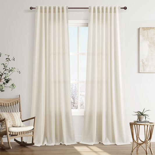 Joywell Extra Long Linen Sheer Curtains 102 Inches Long for Living Room High Ceiling Natural Cream Curtain Back Tab 2 Panel Boho Farmhouse Light Filtering Window Drapes for Bedroom Beige Ivory 52x102