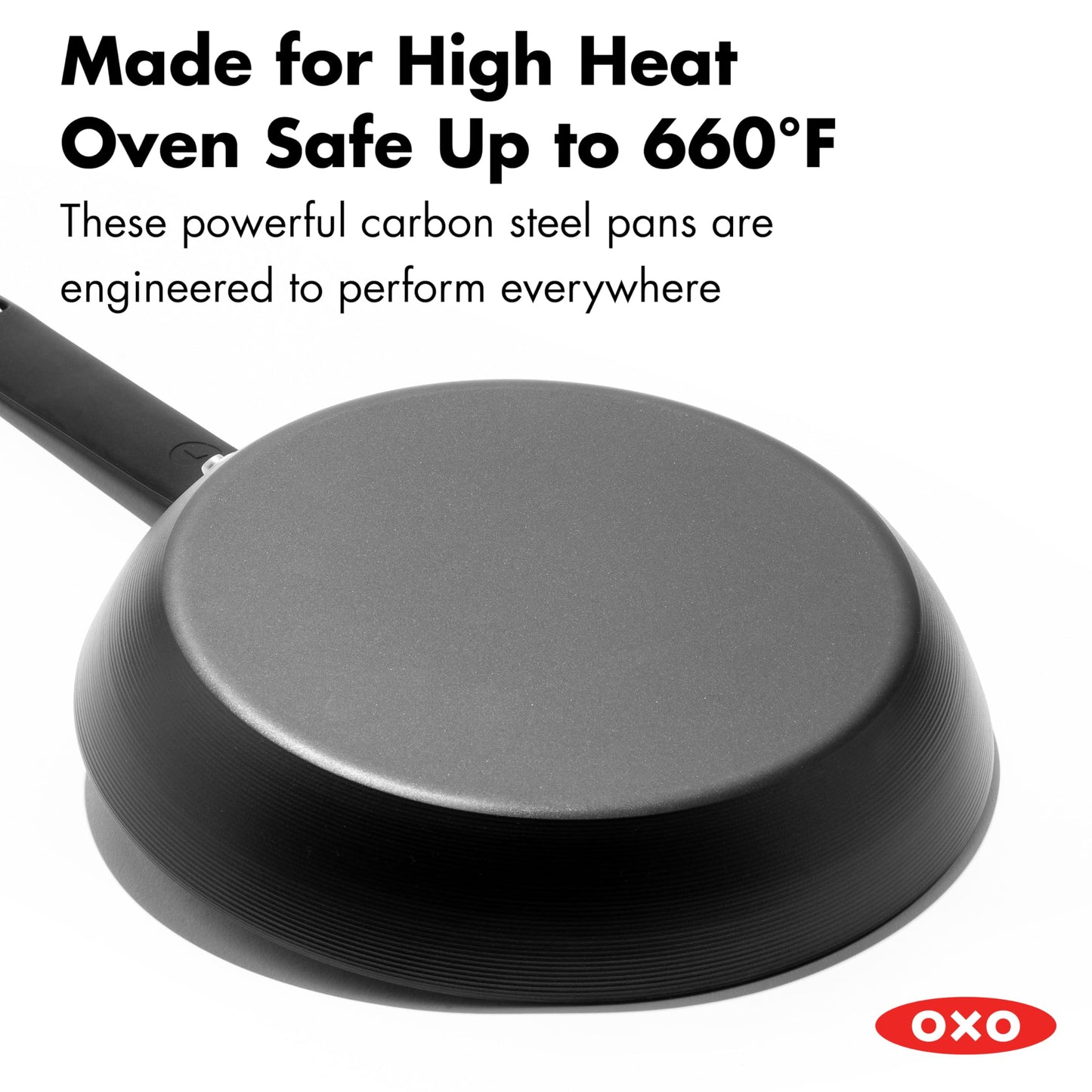 OXO Obsidian 12" Carbon Steel Frying Pan, Pre-Seasoned Skillet, Builds Natural Nonstick with Use, Induction Ready, Oven Safe, Removable Silicone Handle