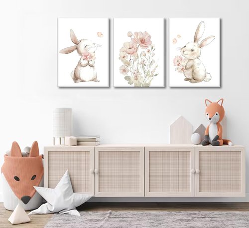 Grengel Bunny Canvas Wall Art - Cute Rabbit & Wildflowers Painting for Nursery | Baby Room Decor