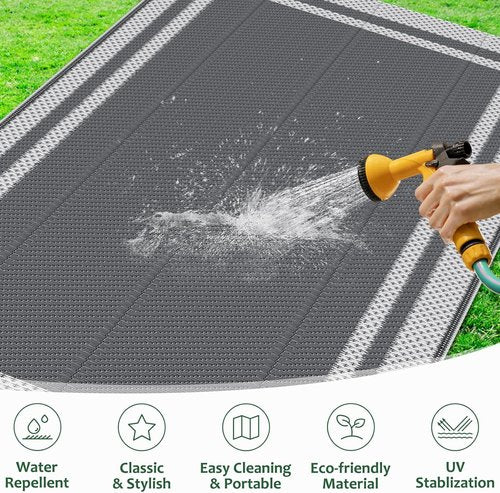 HappyTrends Outdoor Rug - Reversible Portable Plastic Straw Rug for Camping & Patio | Large 4'x6' White & Gray