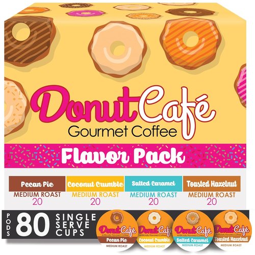 Donut Café Gourmet Coffee Variety Pack - Medium Roast Flavors: Pecan Pie, Coconut Crumble, Salted Caramel, Toasted Hazelnut | 80 Single Serve Pods for Keurig K-Cup Brewers