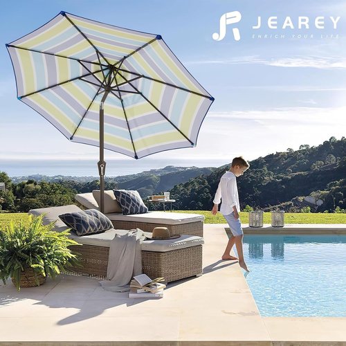 JEAREY 9FT Outdoor Patio Umbrella - Push Button Tilt & Crank | UV Protection, Waterproof - Blue-Green Stripe