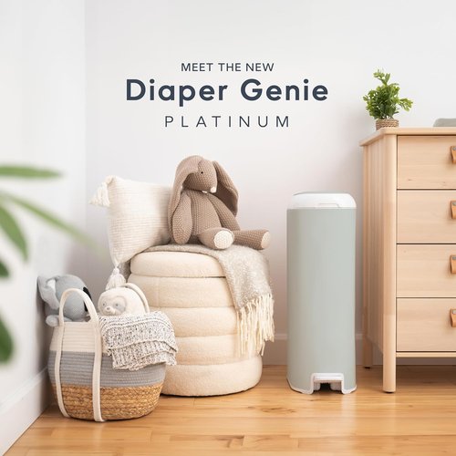 Diaper Genie Platinum Pail - Durable Stainless Steel | Sage Green | Includes 1 Easy Roll Refill with 18 Bags