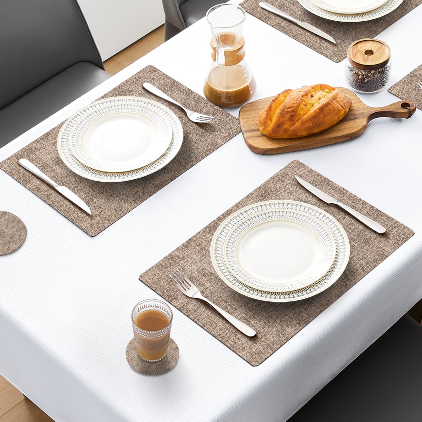 MOSAYT Faux Leather Placemats Set of 12, Heat Resistant Vinyl Place Mats with Coasters, Wipeable Washable 100% Waterproof Oil Proof Table Mat for Kitchen Dining Party Indoor Outdoor, 12" x 17", Khaki