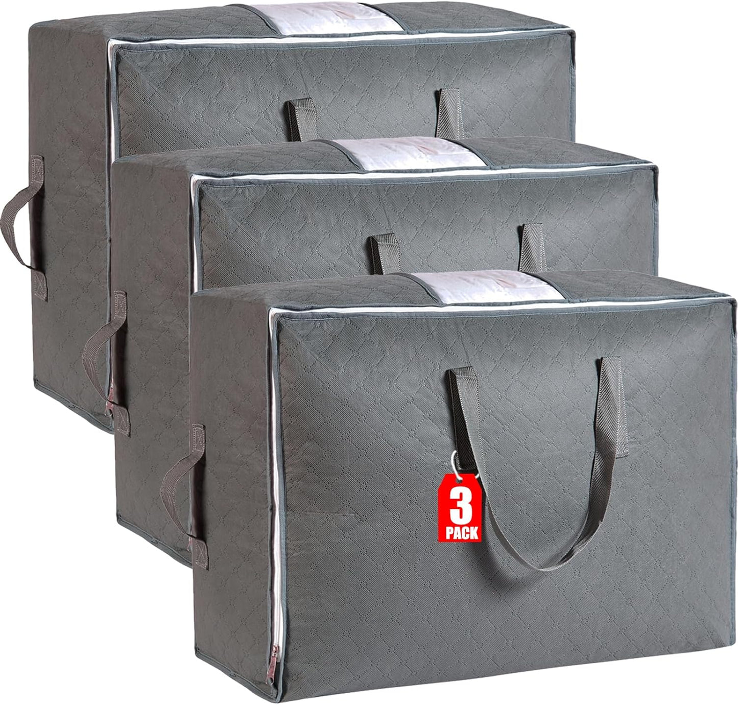 Regine Switzerland 105L Extra Large Storage Bags - Organize Blankets, Bedding & Clothes | 3-Pack Grey with Handles & Clear Window