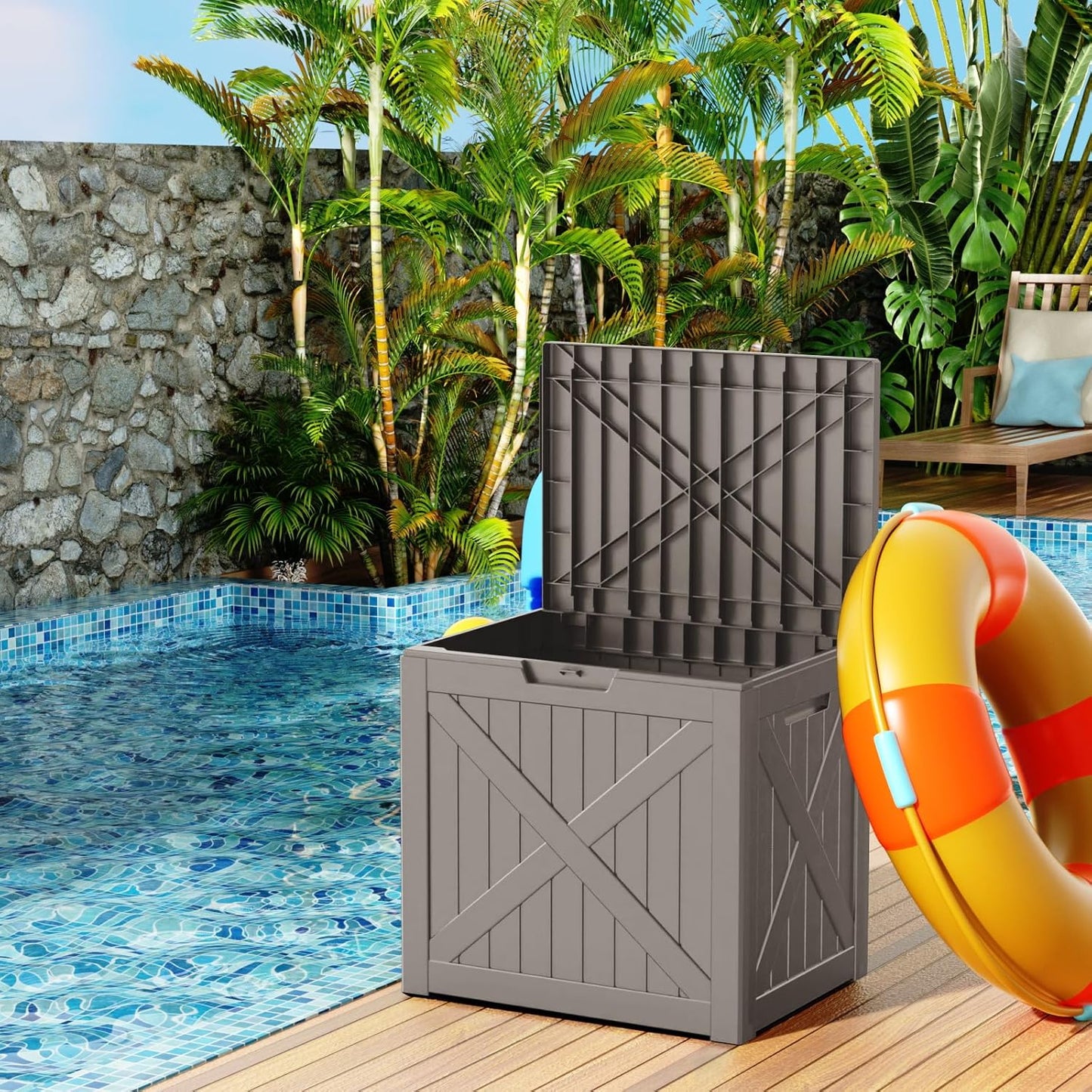 Skiennix 38 Gallon Outdoor Deck Box - Lockable Waterproof Storage for Garden Tools & Cushions | Grey