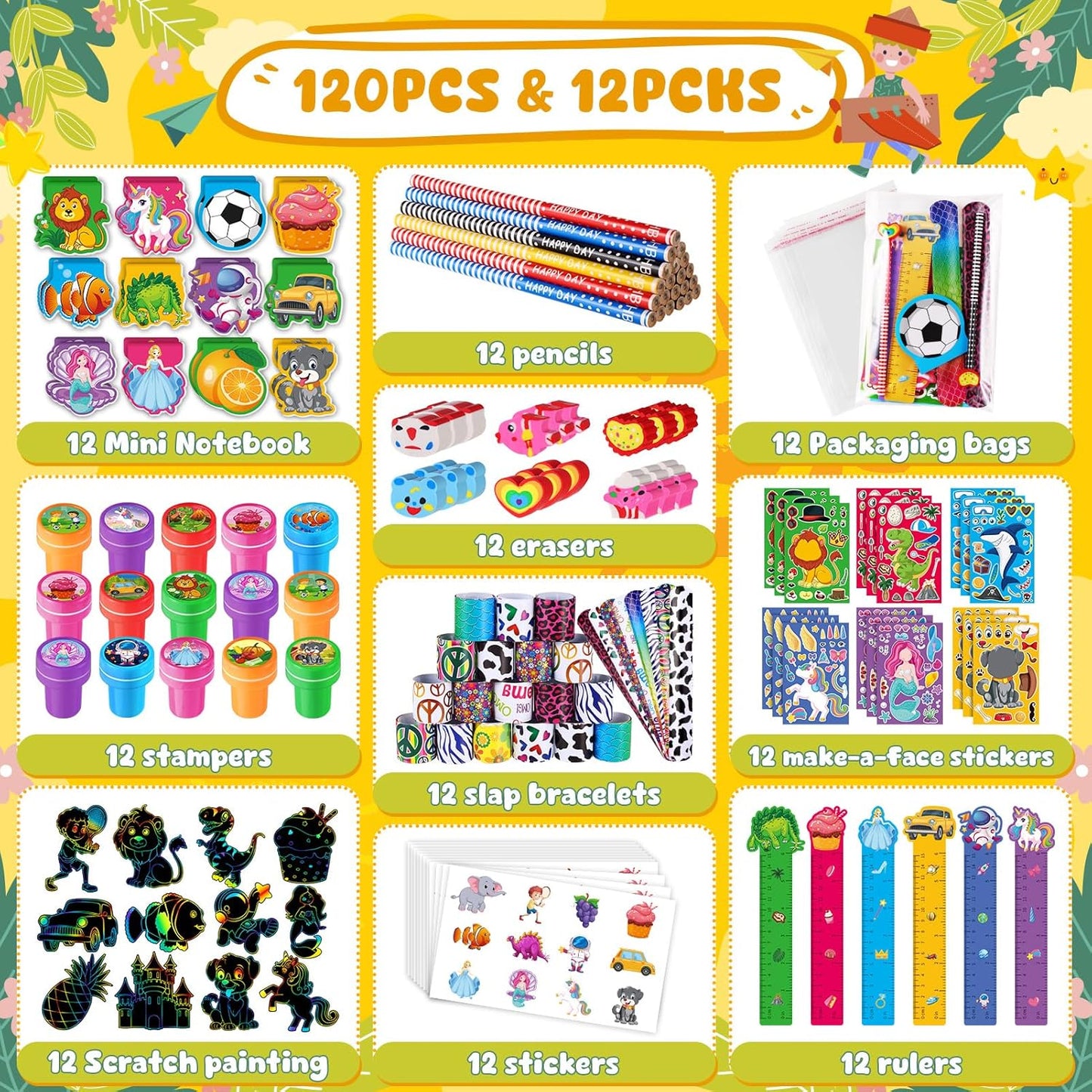 BenLouis Kids' Party Favor Set - 120 Pcs Stampers, Pencils & Stickers for Birthdays | Classroom Rewards