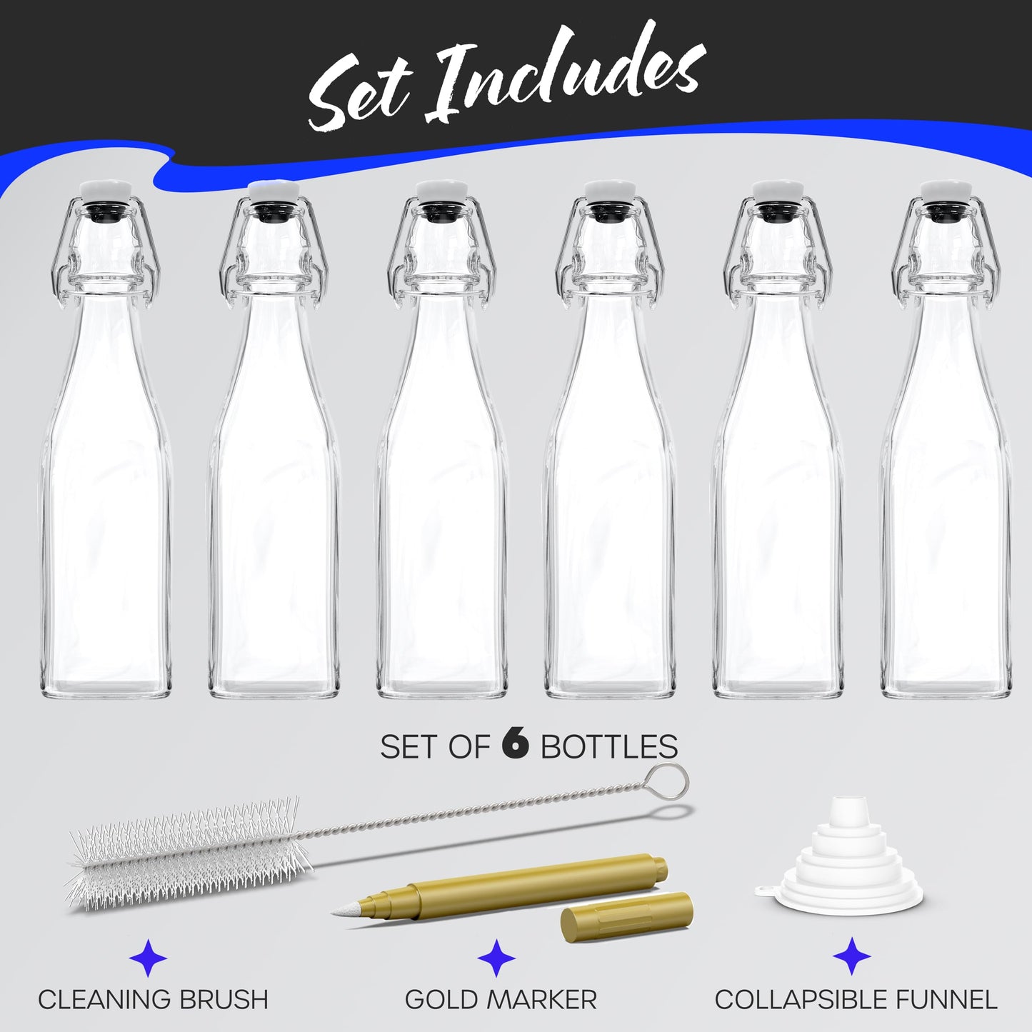 Nevlers 17 Oz Square Flip Top Glass Bottle with Lid 6 Pack | Swing Top Glass Bottles with Airtight Lids, Funnel, Brush & Gold Marker | Coquito Bottles with Caps | Juice, Extract & Syrup Container Set