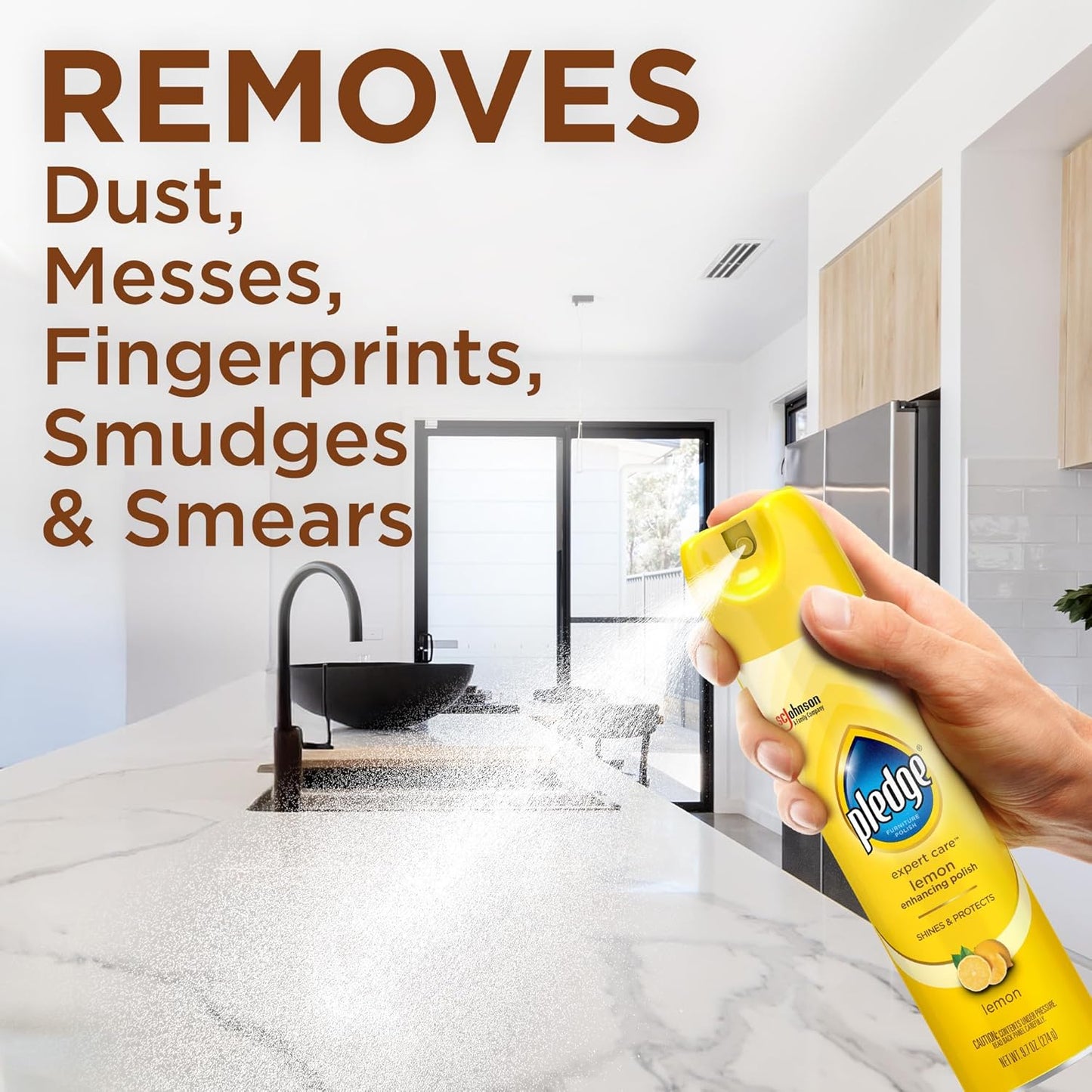 Pledge Enhancing Polish Spray - Wood & Stainless Steel Cleaner | Fast Shine & Scratch Protection, 9.7oz - Lemon Scent