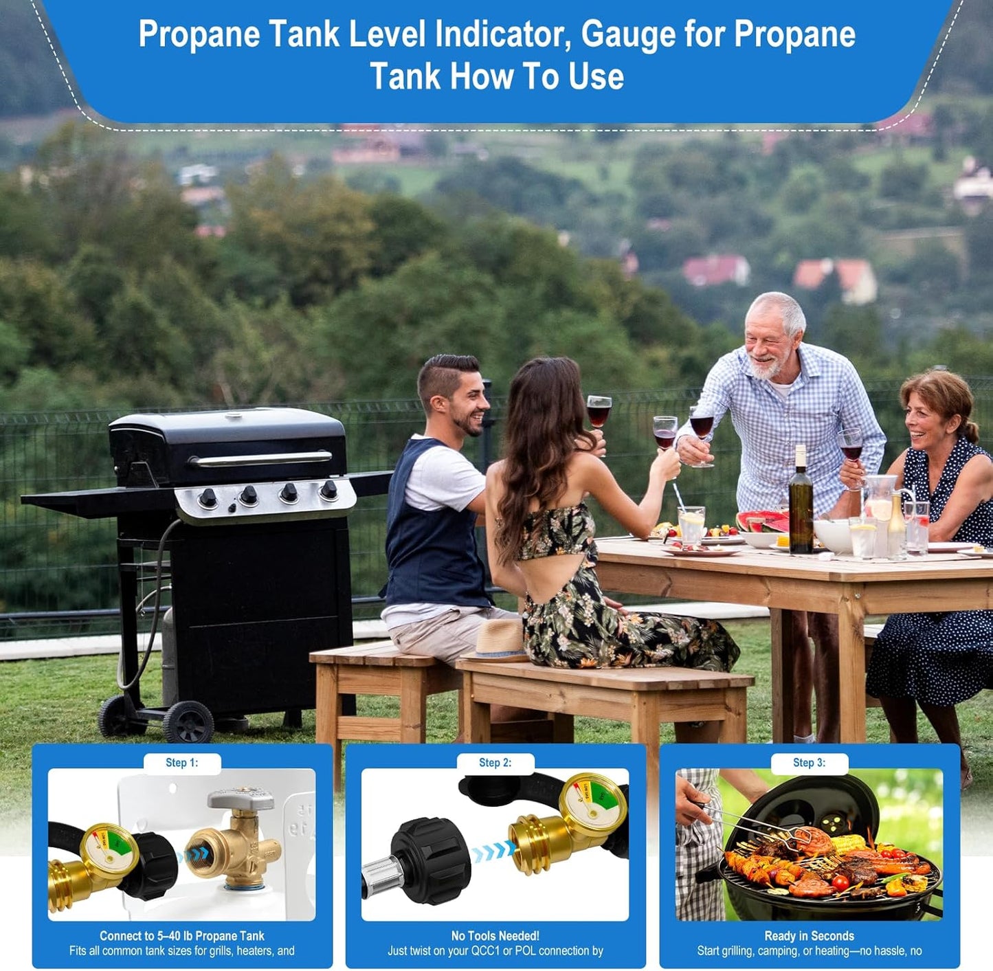 Propane Tank Gauge - Universal Level Indicator for 5-40 lb LP Tanks | Easy-to-Read Color-Coded Gas Pressure Meter (2 PCS)