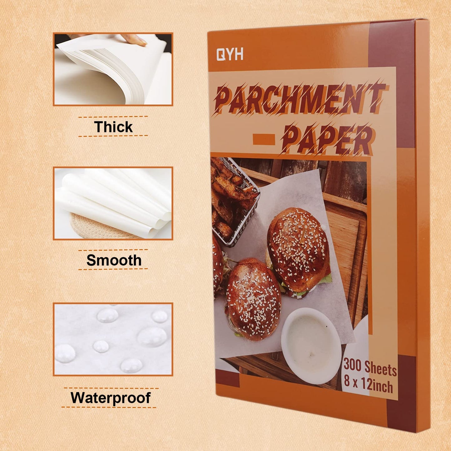 QYH Parchment Paper Baking Sheets 300 Pieces 8x12 Inch Non-Stick Non-Curl Pre-cut White Parchment for Baking Grilling Cooking