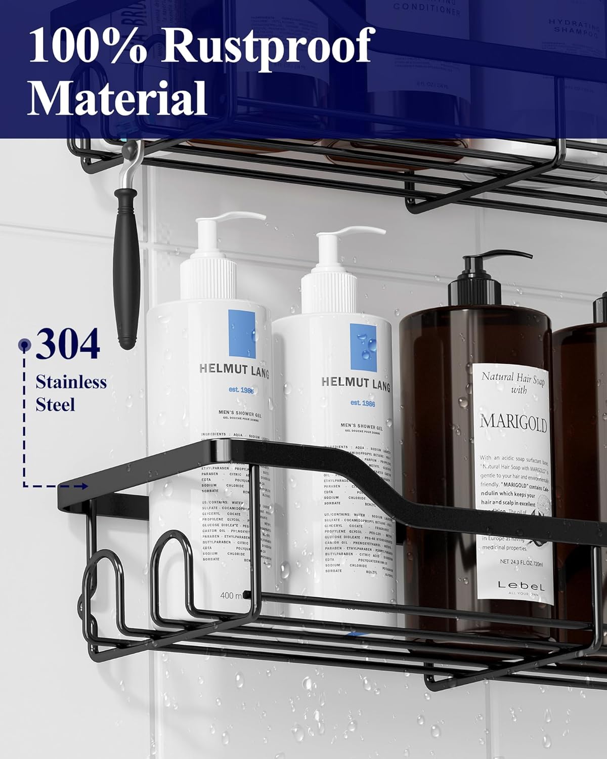 Kitsure Shower Caddy - Large Adhesive Organizer | Stainless Steel Shelf for No-Drill Bathroom Storage, 2 Pack, Black