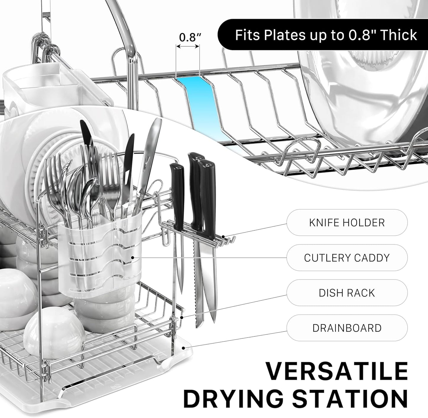Simple Houseware 2-Tier Stainless Steel Dish Rack - Chrome Finish with Drainboard for Kitchen Organization