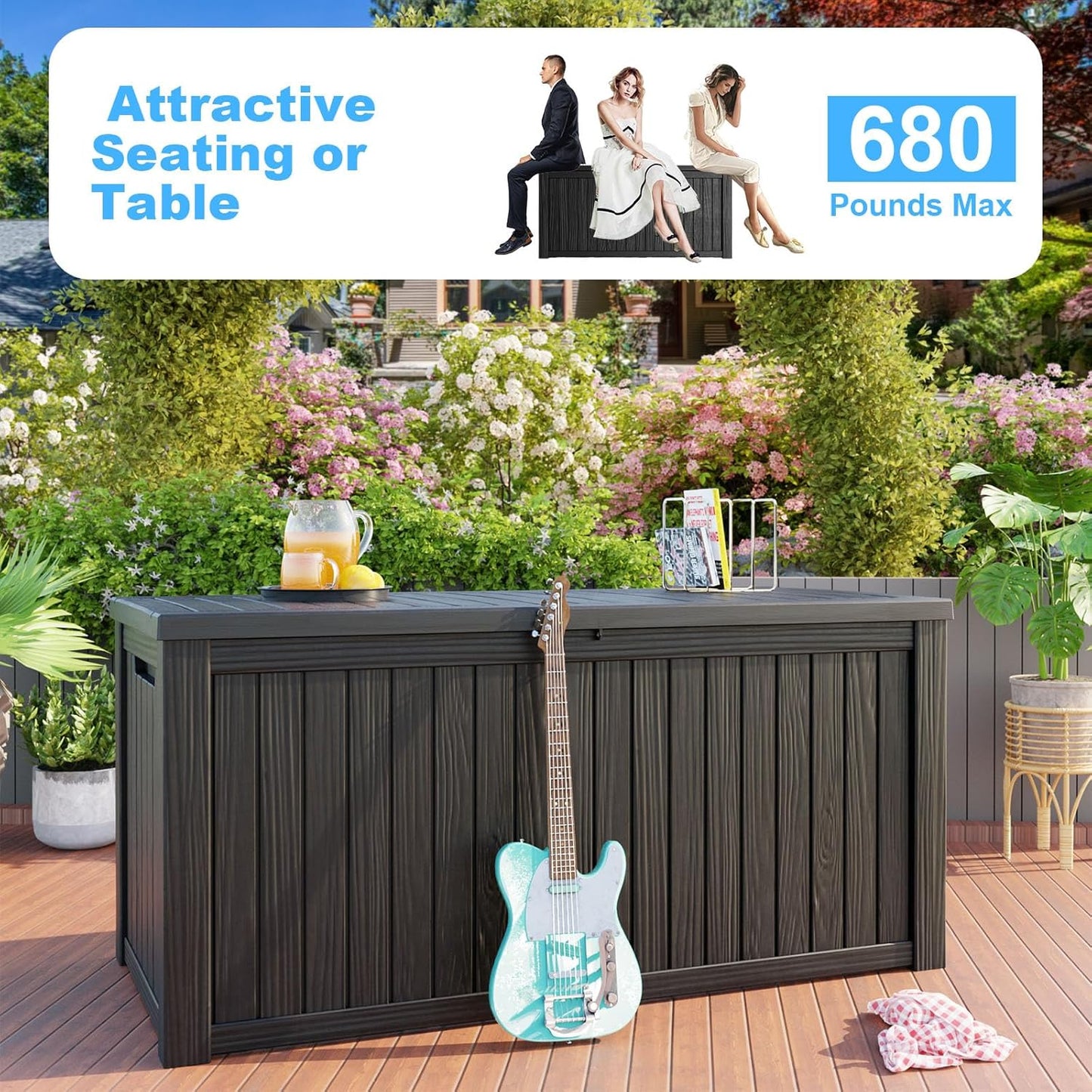 Skiennix 180 Gallon Waterproof Outdoor Storage Box - Lockable Resin Container for Patio Furniture & Tools | Black