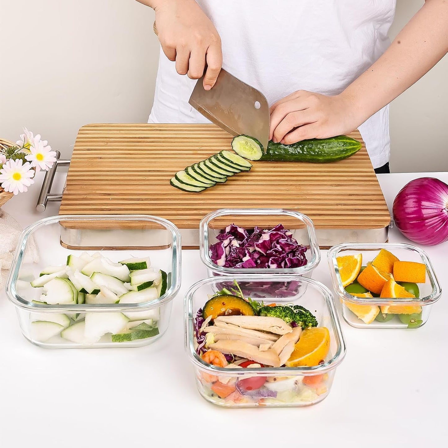 Liuruiyu Glass Food Storage Containers - 8 Pack Airtight Meal Prep Bento Boxes | BPA Free, Leak Proof, Microwave Safe