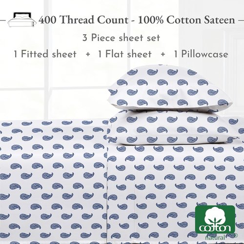 California Design Den Twin Sheet Set - 400 Thread Count Sateen, 100% Cotton, Durable Bedding - Paisley Blue