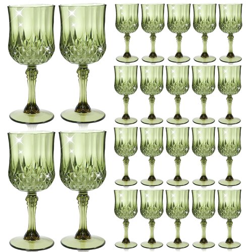 CHLJAR 24 Pcs Plastic Vintage Green Wine Drinking Glasses, 7oz Plastic Water Goblets Green Reusable Drinkware Vintage Unbreakable Champagne Glassware for Wedding Reception Grand Event Party
