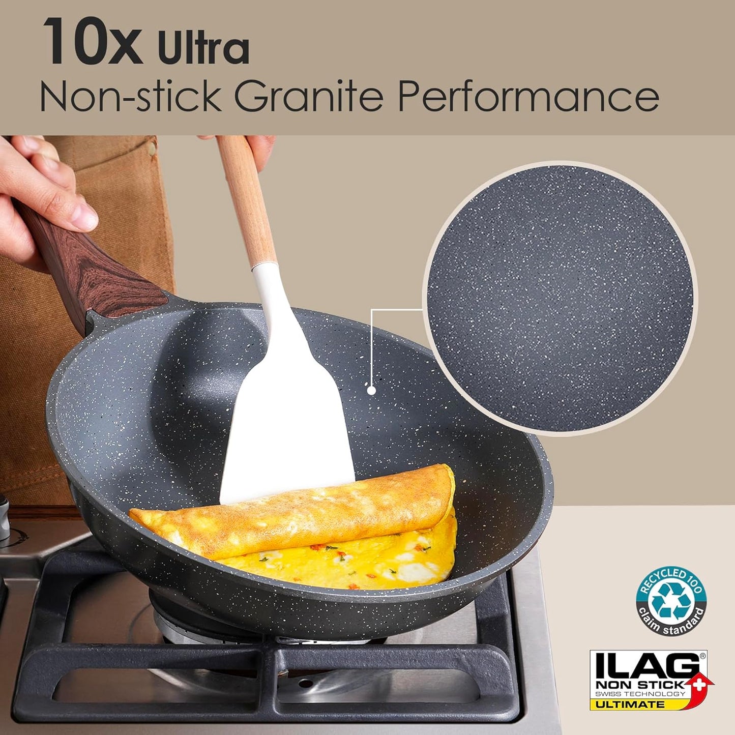 SENSARTE Nonstick Granite Cookware Set - 23 PCS Healthy Pots & Pans | PFOA & PFOS Free, Gray