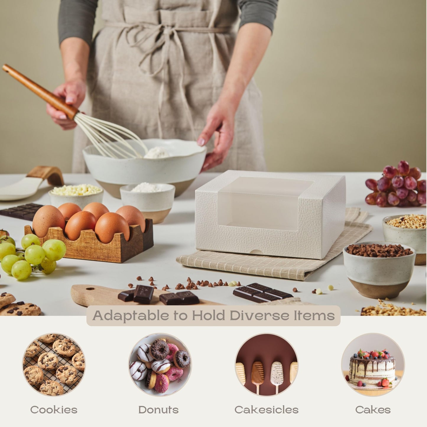 Boxes Craftory Pack of 10 Bakery Boxes with Window (11.81" x 8.66" x 3.14") - Ideal for Cookie with Window, Pastry and Small Charcuterie, White Leather