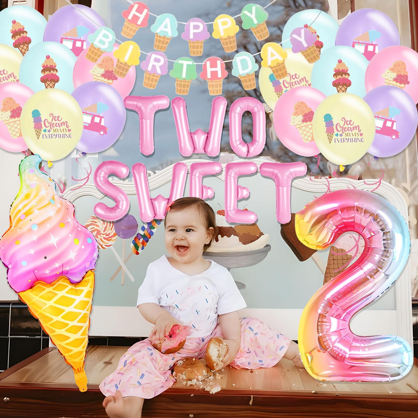 Two Sweet Birthday Party Supplies Decorations 2th Birthday Decorations Ice Cream Party Decoration Number 2 Balloon for Donut Sweet Party Supplies Baby Showers Party Decoration