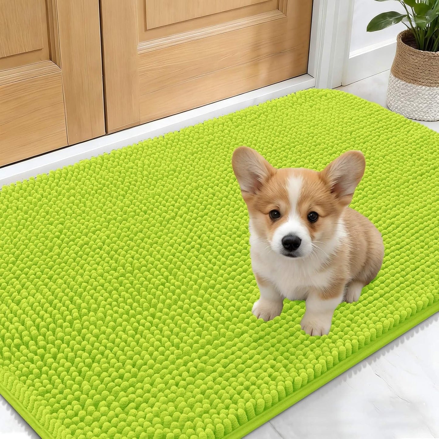 OLANLY Dog Door Mat - Absorbent Non-Slip Mud Mat for Indoor Use | Quick Dry Chenille, 24x16, Bright Green