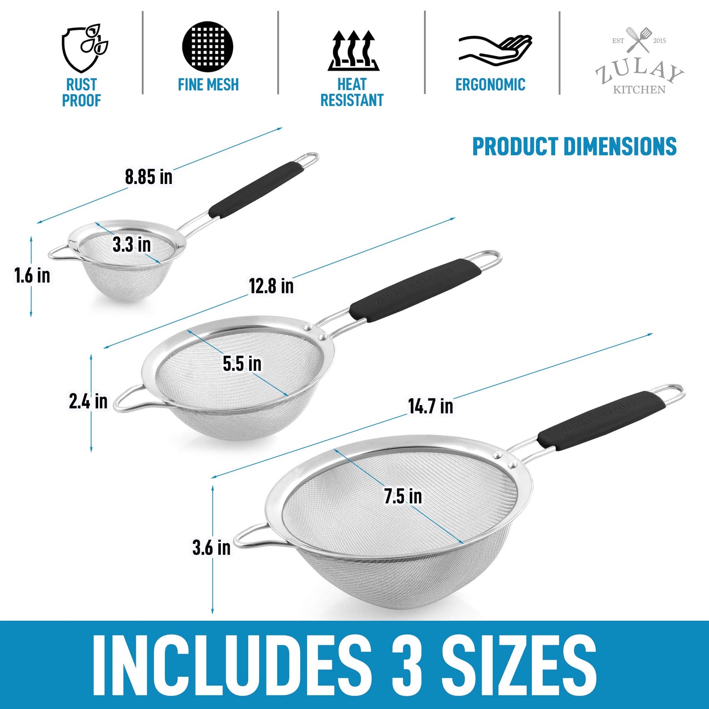 Zulay Kitchen Premium Stainless Steel Fine Mesh Strainer Set - Strainers For Kitchen (Set of 3) With Non-Slip Handles - Includes A Small, Medium & Large Fine Mesh Sieve Set - Durable Metal Strainer
