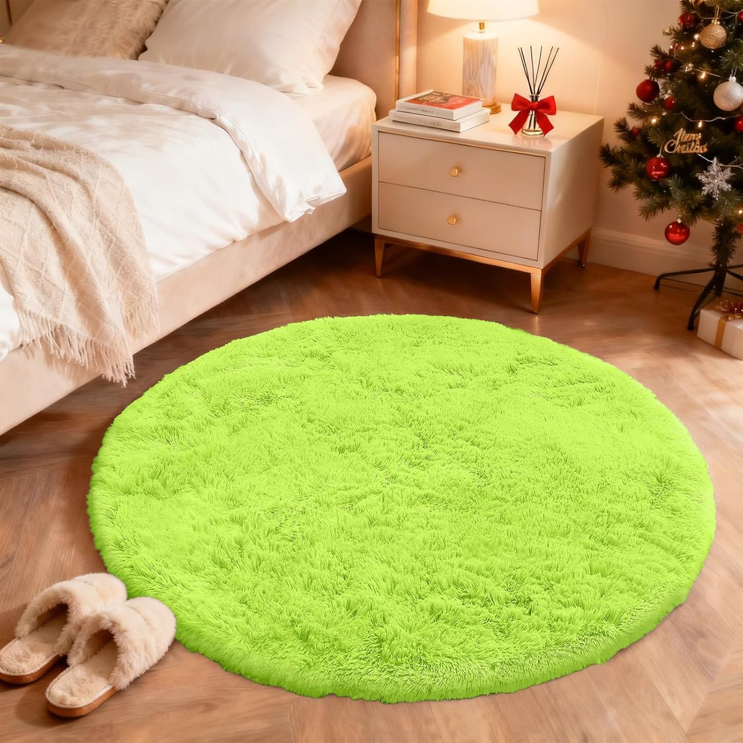 OLANLY Round Lime Green Area Rug - Soft, Fluffy, Machine Washable 4 ft Circle Carpet for Bedroom & Living Room