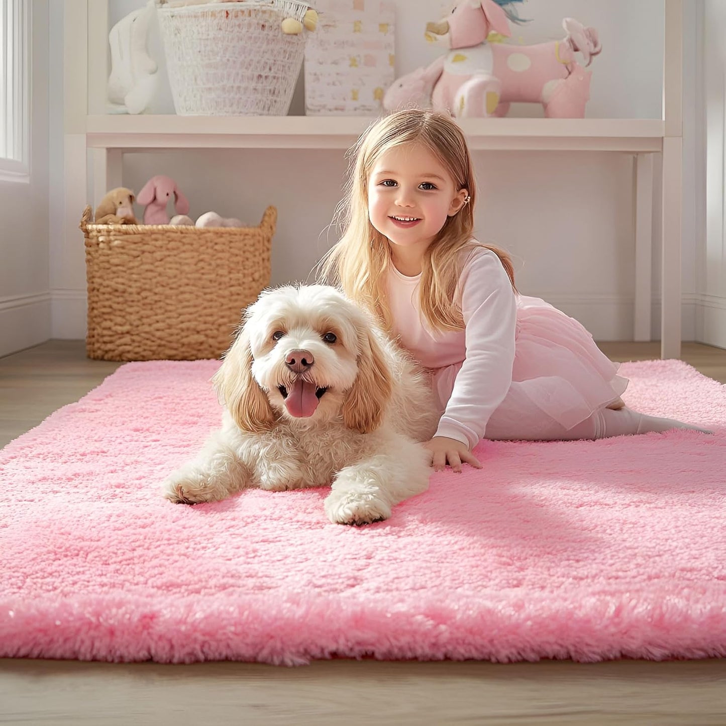 OLANLY Large 5x7 Machine Washable Area Rug - Soft Fluffy Shaggy Carpet for Living Room & Bedroom | Pink