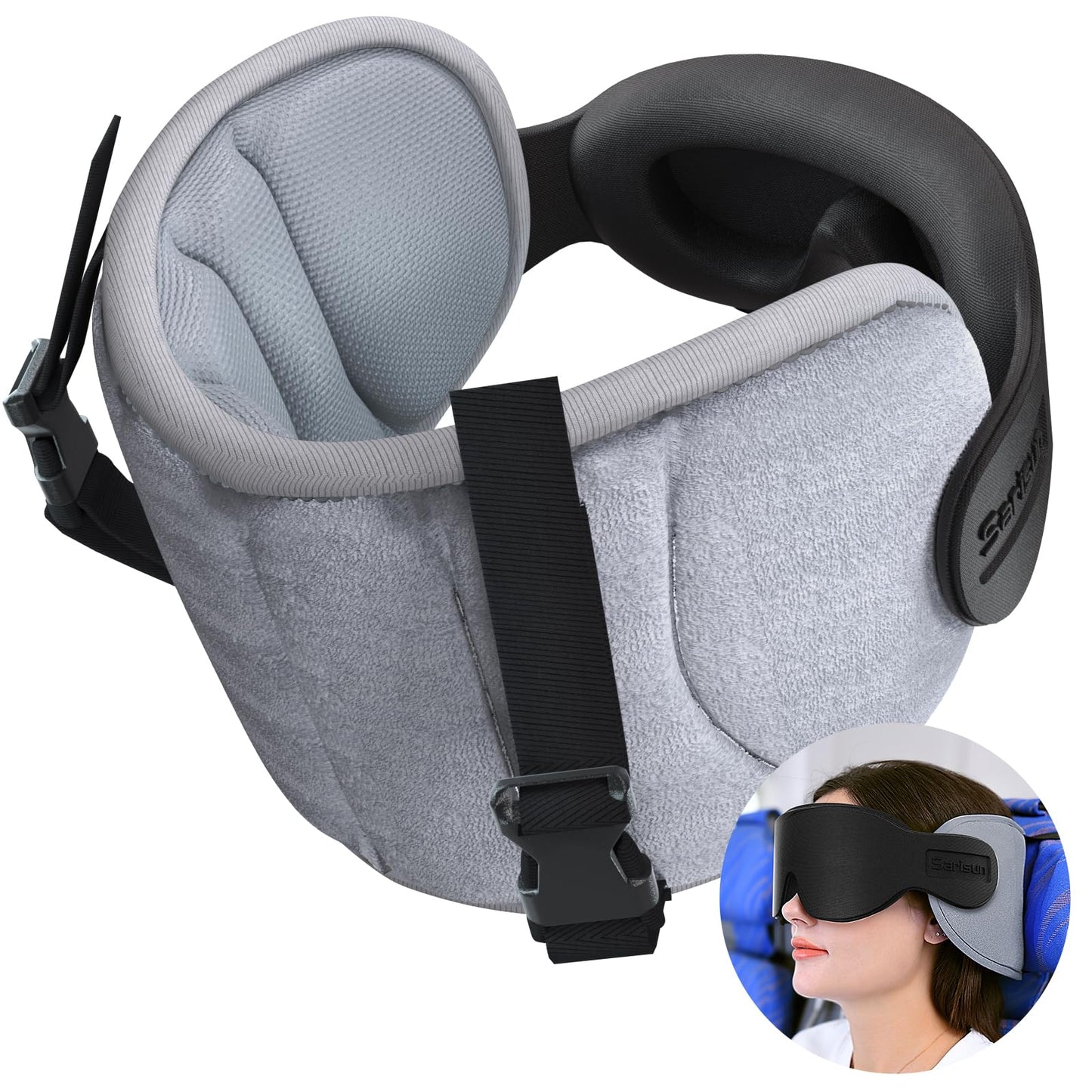 SARISUN Travel Pillow for Airplanes, Airplane Pillow for Long Flight, Neck Pillow with Eye Mask for Sleeping, Portable Travel Pillow for Car Road Trip Headrest, Stop Bobblehead, Grey