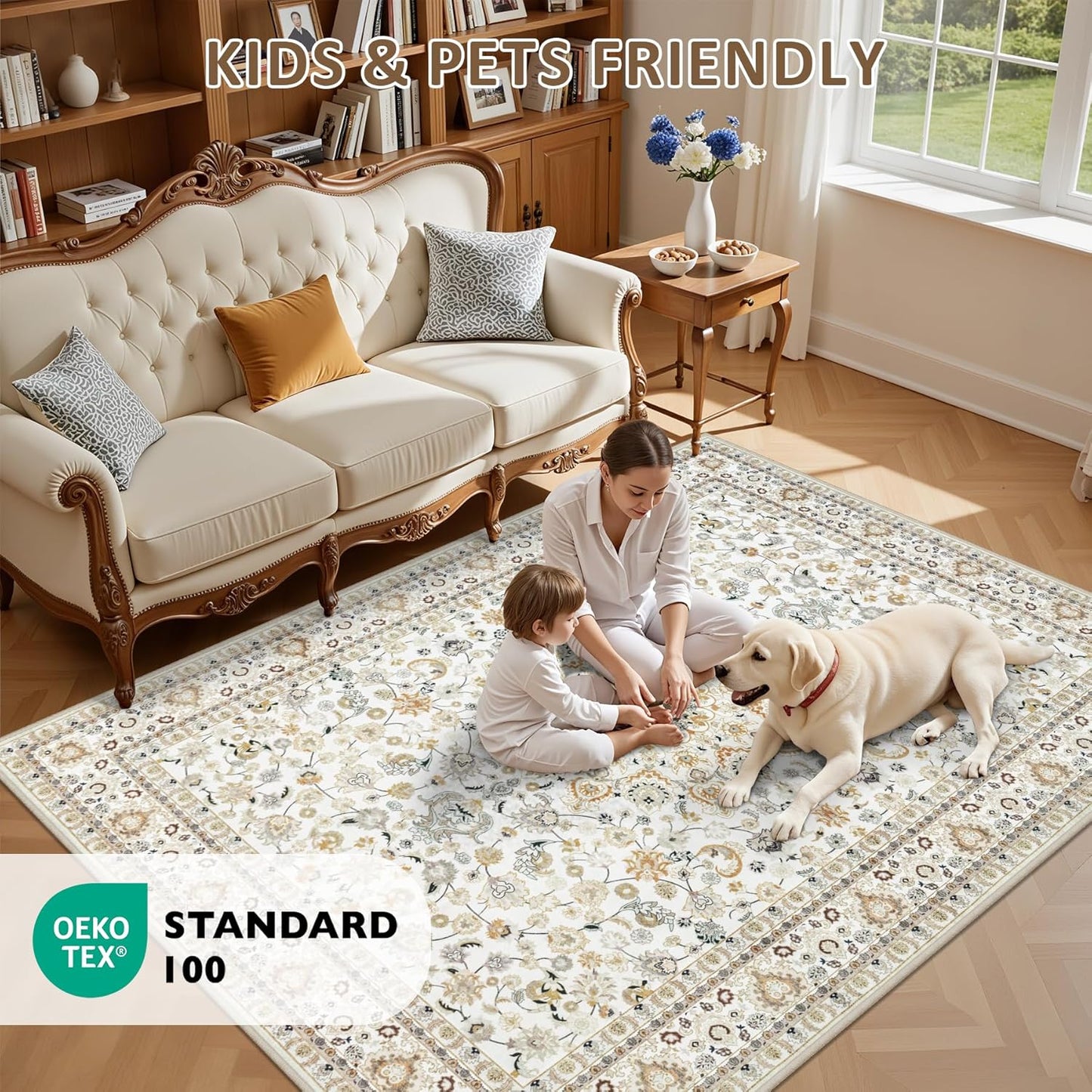 Skiennix 5x7 Area Rug - Washable Vintage Boho Design | Soft, Stain-Resistant Carpet for Living Room & Bedroom