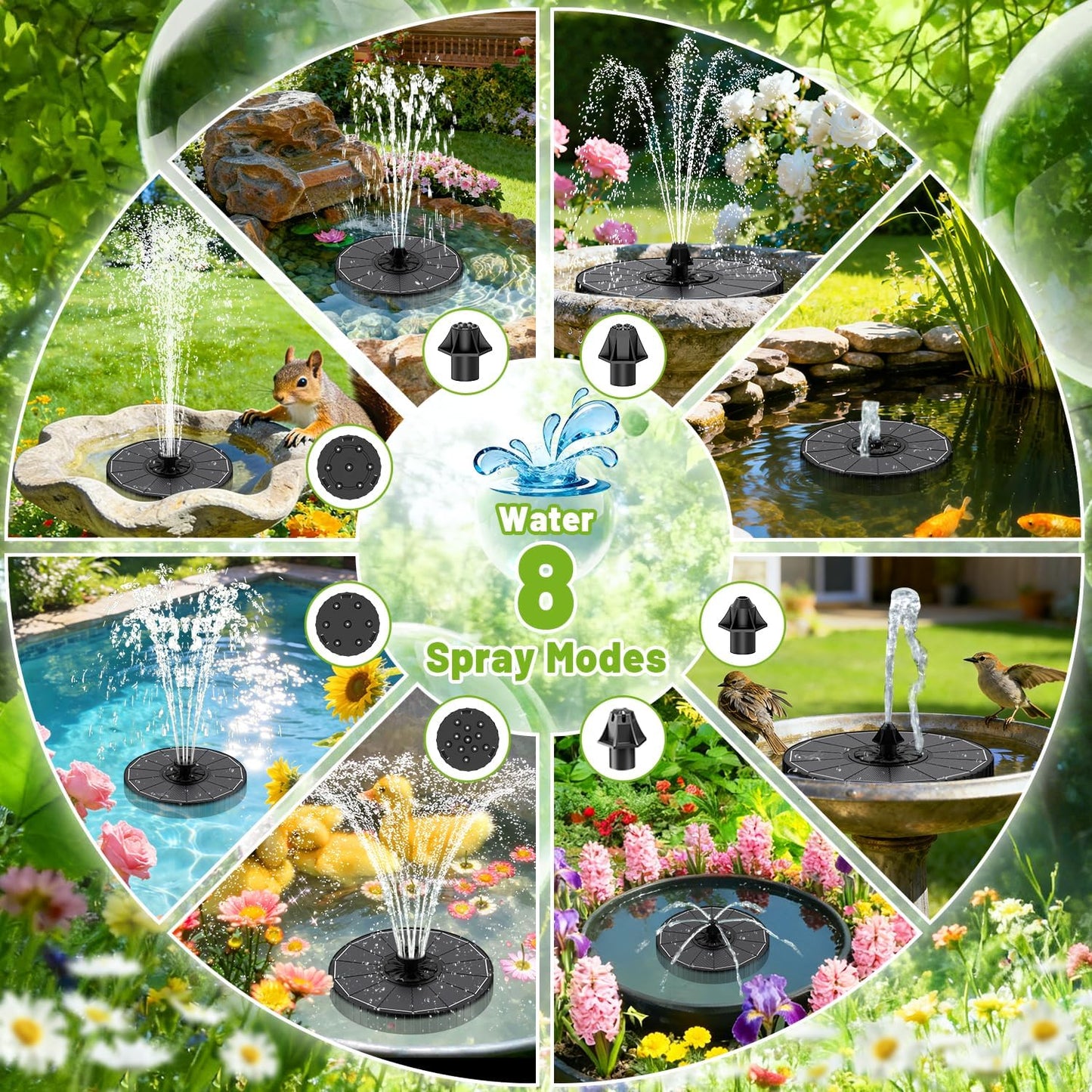Skiennix Solar Fountain - 3 Spray Heights, 2000mAh Battery, 7 Nozzles for Garden & Pond