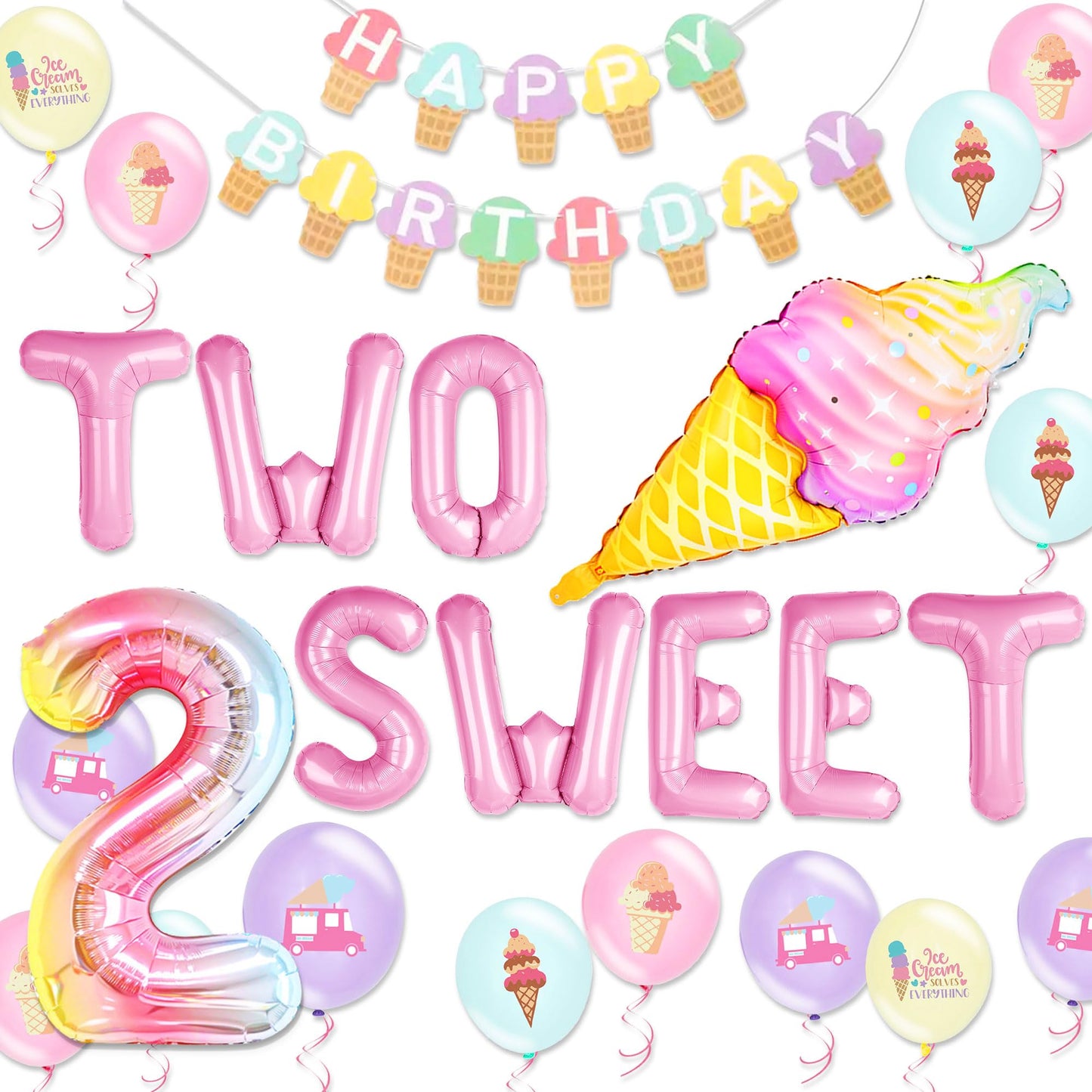 Two Sweet Birthday Party Supplies Decorations 2th Birthday Decorations Ice Cream Party Decoration Number 2 Balloon for Donut Sweet Party Supplies Baby Showers Party Decoration