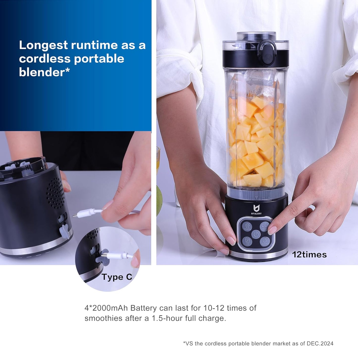 UTALENT Cordless Portable Blender - 700W Personal Blender for Smoothies & Ice Crush | 25 oz, USB-C Rechargeable, Black