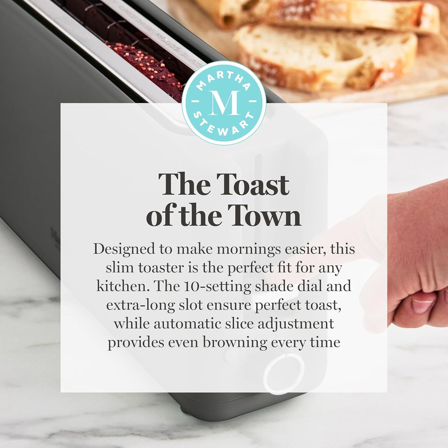 Martha Stewart 2-Slice Long Slot Toaster - Extra Wide for Sourdough & Bagels | 10 Shade Settings, Caviar