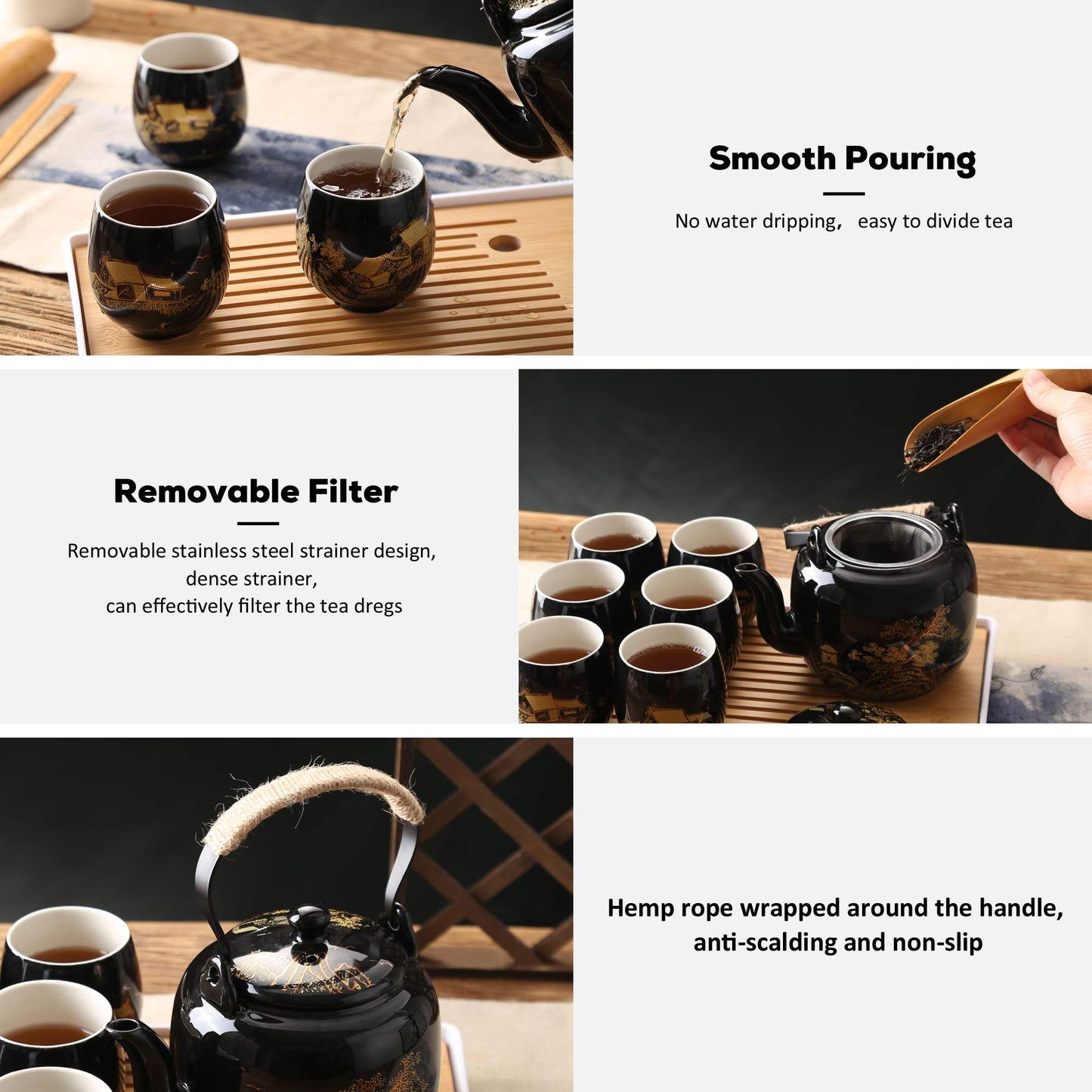 Dujust Japanese Tea Set, Black Porcelain Tea Set with 1 Teapot Set, 6 Tea Cups, 1 Tea Tray, 1 Stainless Infuser, Beautiful Asian Tea Sets for Adults, Tea Lover/Women/Men (Countryside in Golden)