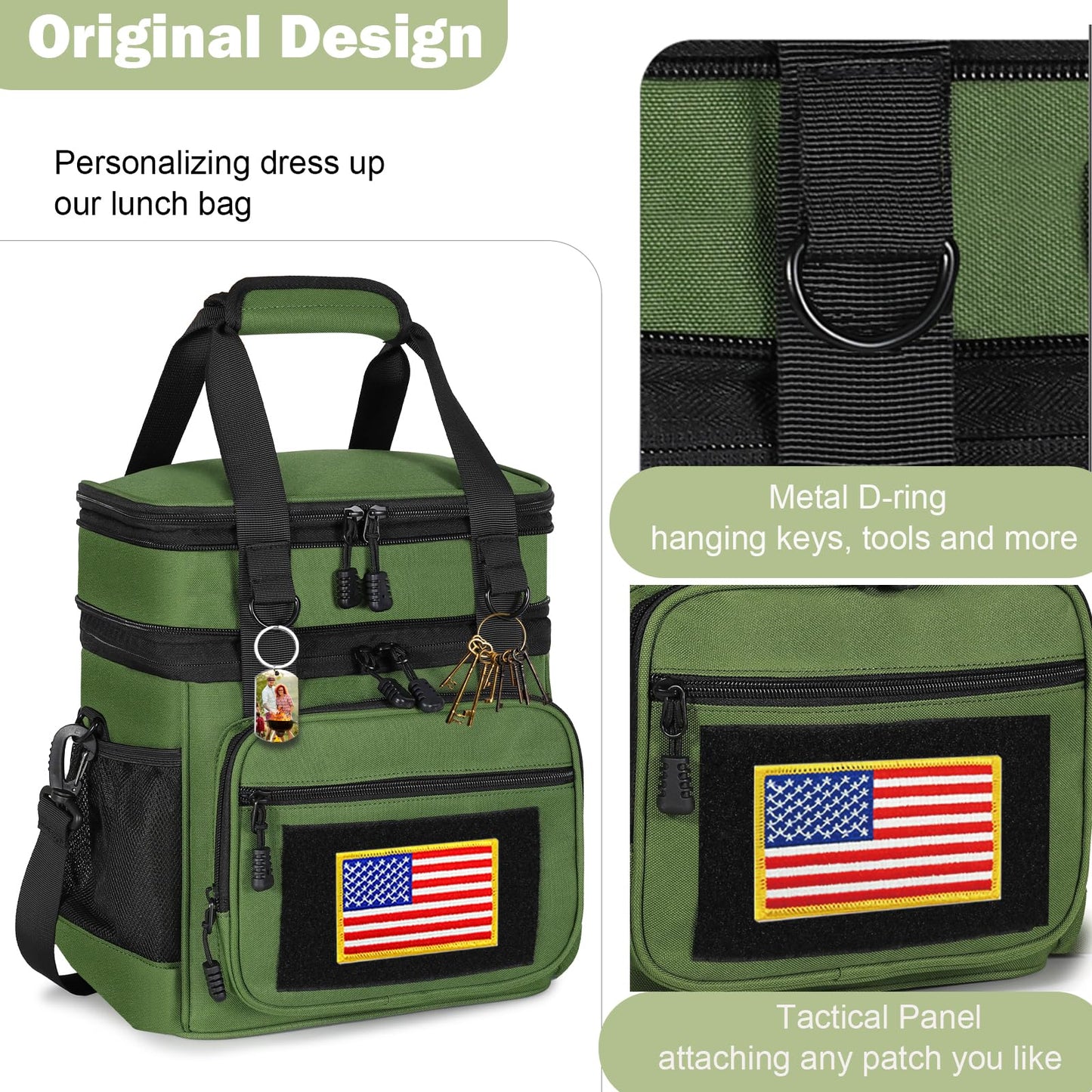 GLENKEY Tactical Lunch Box Cooler Bag - Expandable Insulated Lunch Bag for Men Women - XLarge Lunchbox for Adults Work Shifts Outdoor Trips Army Green 22L
