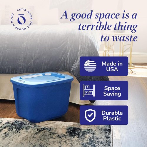 HOMZ 10 Gallon Durable Molded Bin - Stackable Plastic Storage Containers with Lids, Blue | 4-Pack for Home Organization