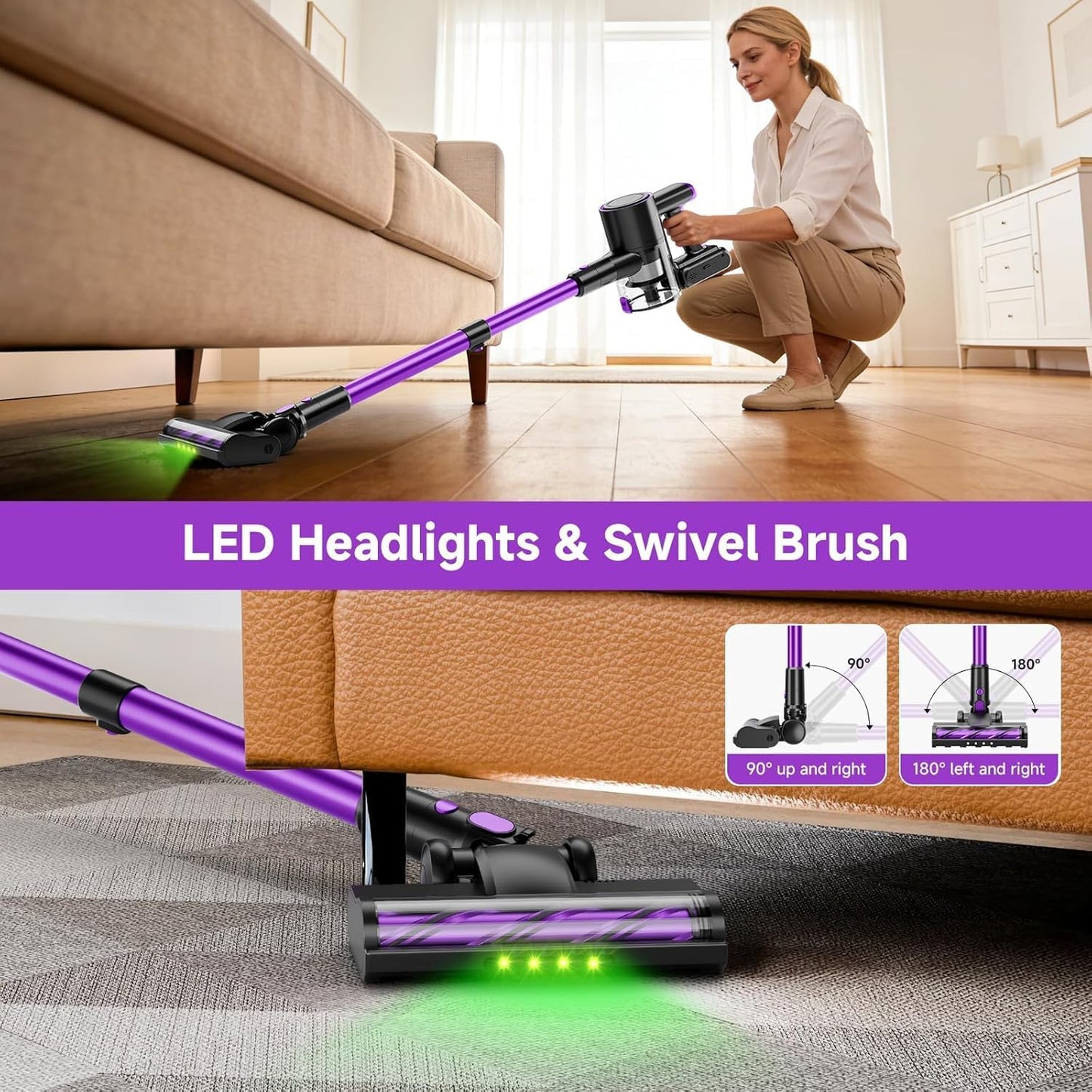 Skiennix Cordless Vacuum Cleaner - 40Kpa Powerful Suction, Lightweight 8-in-1 Design for Hard Floors | Black