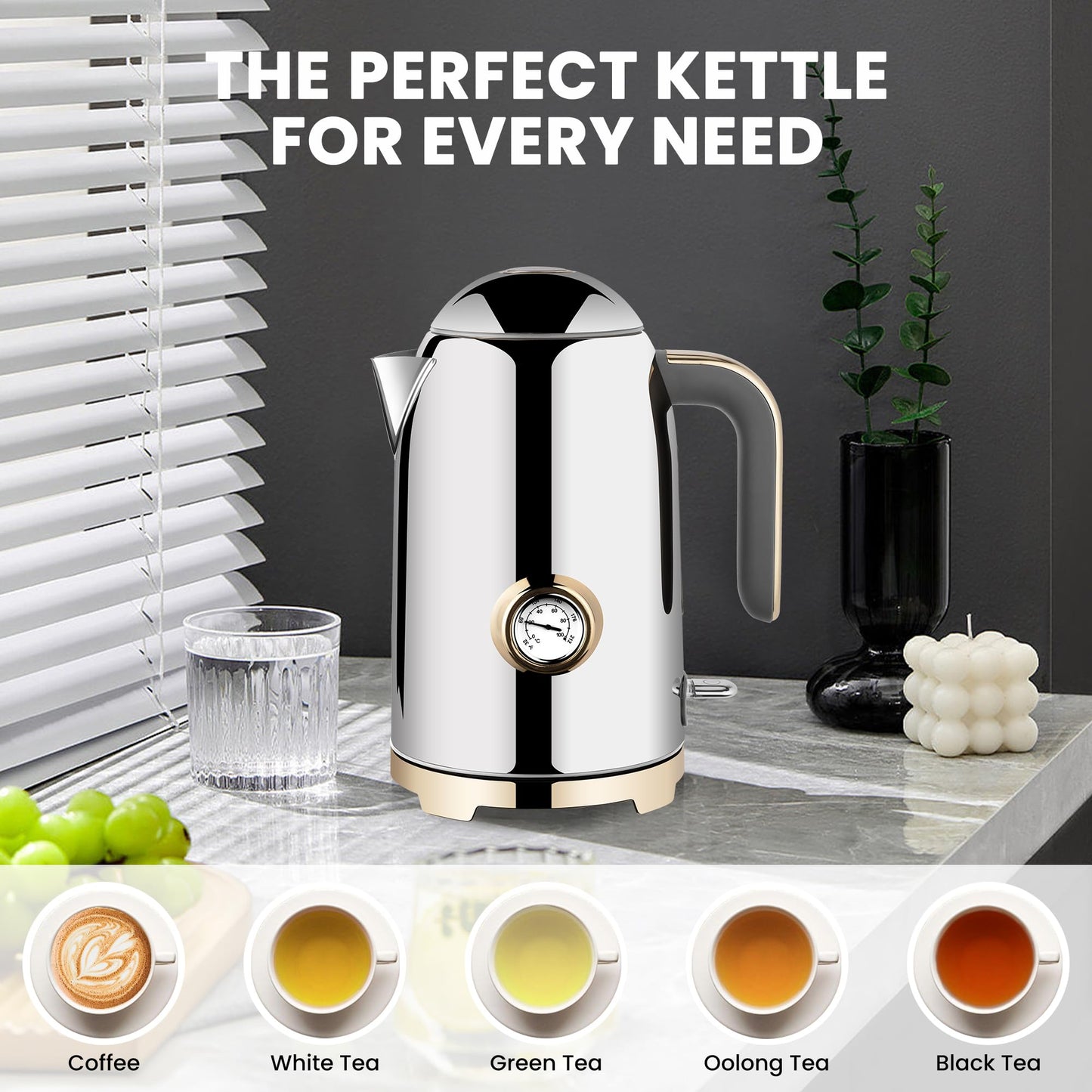 SUSTEAS Electric Kettle - 57oz Hot Tea Water Boiler with Thermometer, 1500W Fast Heating Stainless Steel Pot, Cordless LED Indicator, Auto Shut-Off & Boil Dry Protection, Glossy Silver