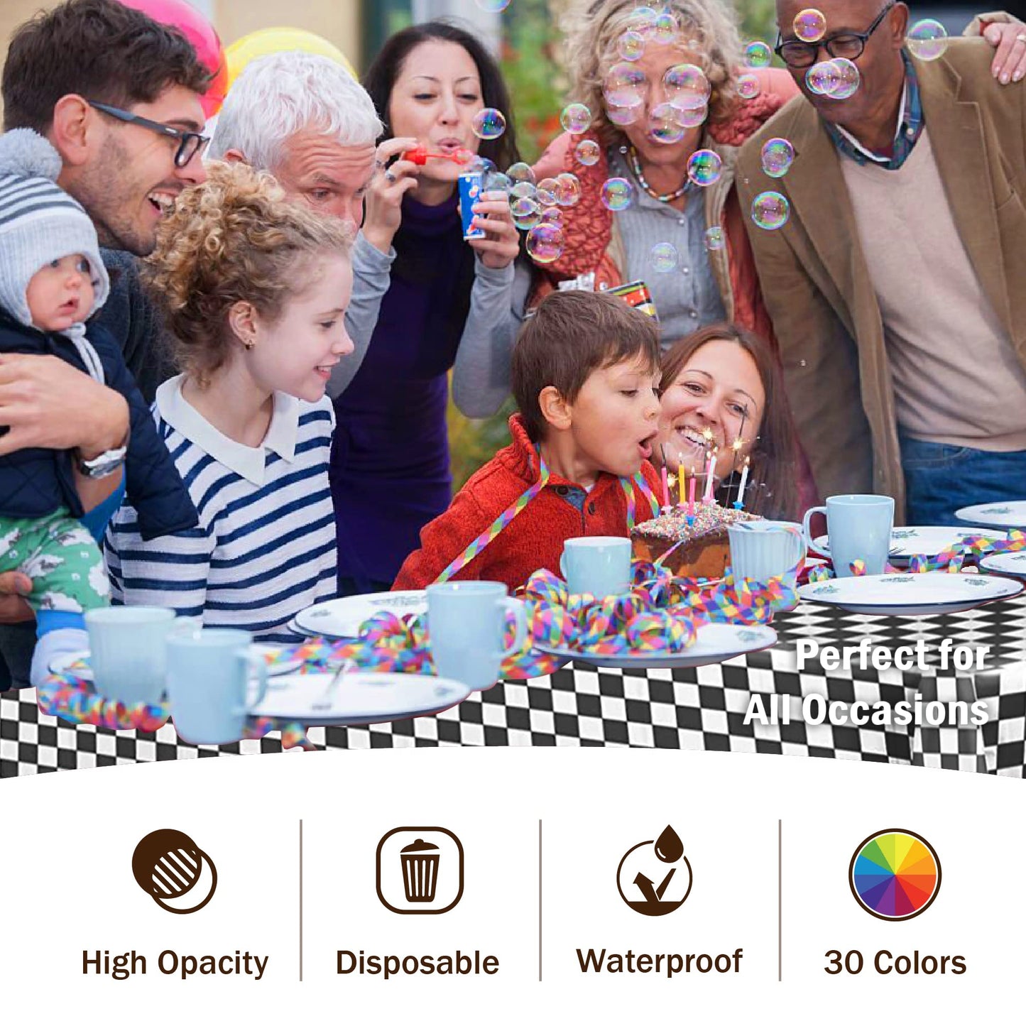 Party Solids Pack Of 6, Premium Plastic Tablecloth 54in. x 108in. Rectangle Table Cover - Checkered