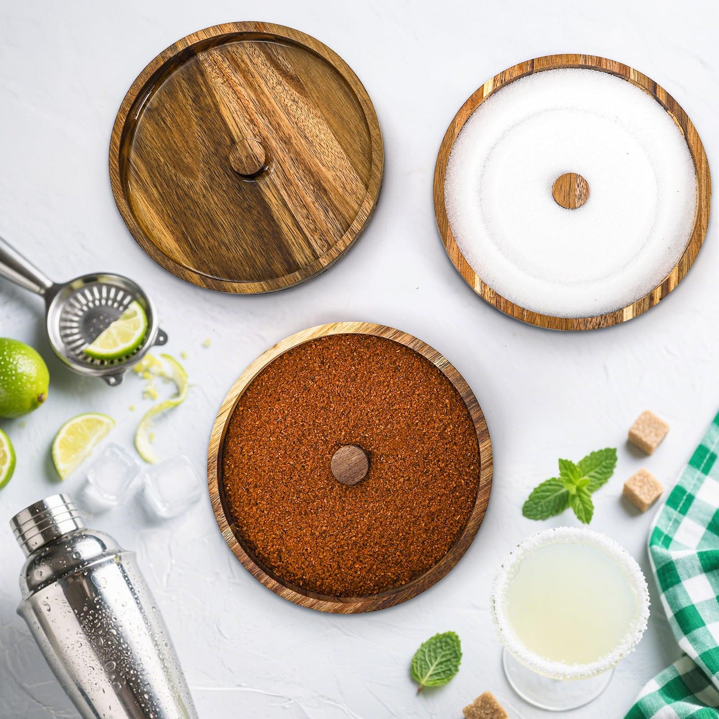 Nagpew 3 Pieces Margarita Salt Rimmer Set, Acacia Wood Glass Rimmers with Lids, Stackable Bar Rimmer Tray Spice Sugar Container for Cocktail, Home Bar, Bartenders, Glass up to 5.5''D
