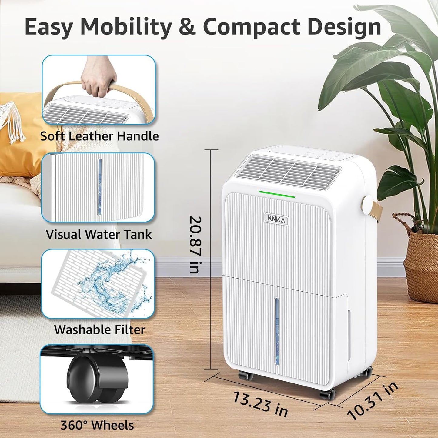 KNKA Dehumidifier - 2500 Sq.Ft Capacity with Drain Hose | 34 Pints, Intelligent Humidity Control, 3 Modes