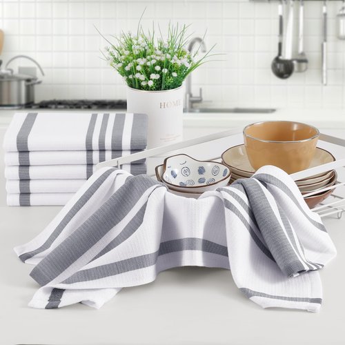 Homaxy Premium Kitchen Towels 18”x 28”, Large Cotton 380 GSM Kitchen Hand Towels, Stripe and Terry Dish Towel, Highly Absorbent Tea Towel Set with Hanging Loop, 8 Pack, Grey
