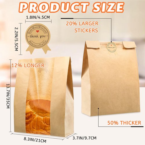 25 Pcs Bread Bags for Homemade Bread, Sourdough Paper Bags With Window, 50% Thicker 13.7x8.2x3.7in A Large Bakery Bag Used for Storage Bakery Cookies & Snacks, 40 Cute Sealing Stickers with Ties