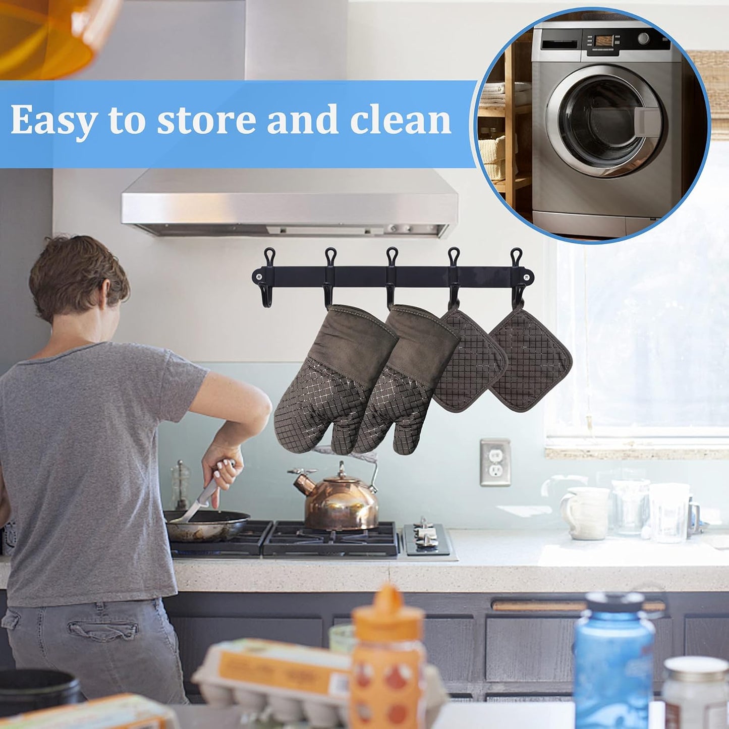 Skiennix Oven Mitts Set - 4 Pcs High Heat Resistant Kitchen Mitts & Pot Holders | Grey, Silicone Non-Slip