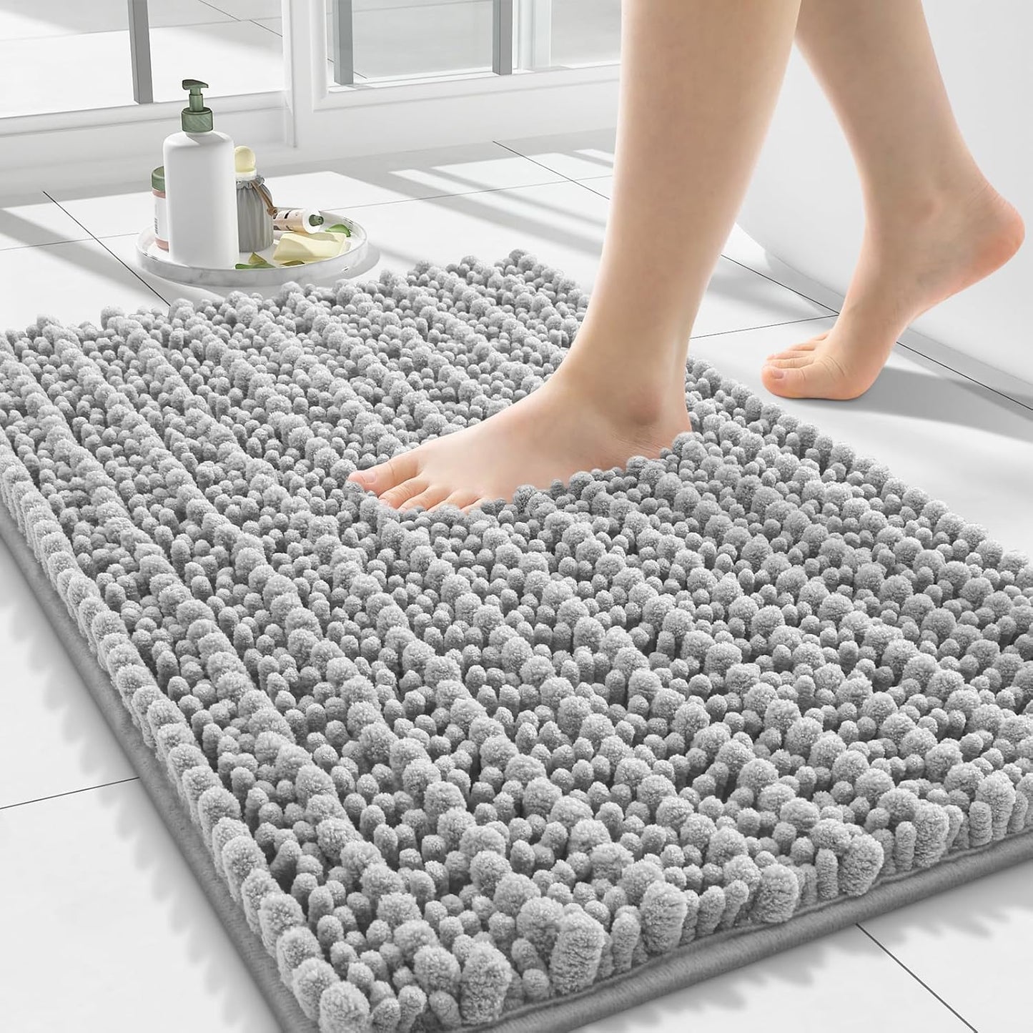 Smiry Bathroom Rugs - Extra Soft Chenille Bath Mat with Non-Slip Backing | 24x16 Light Grey
